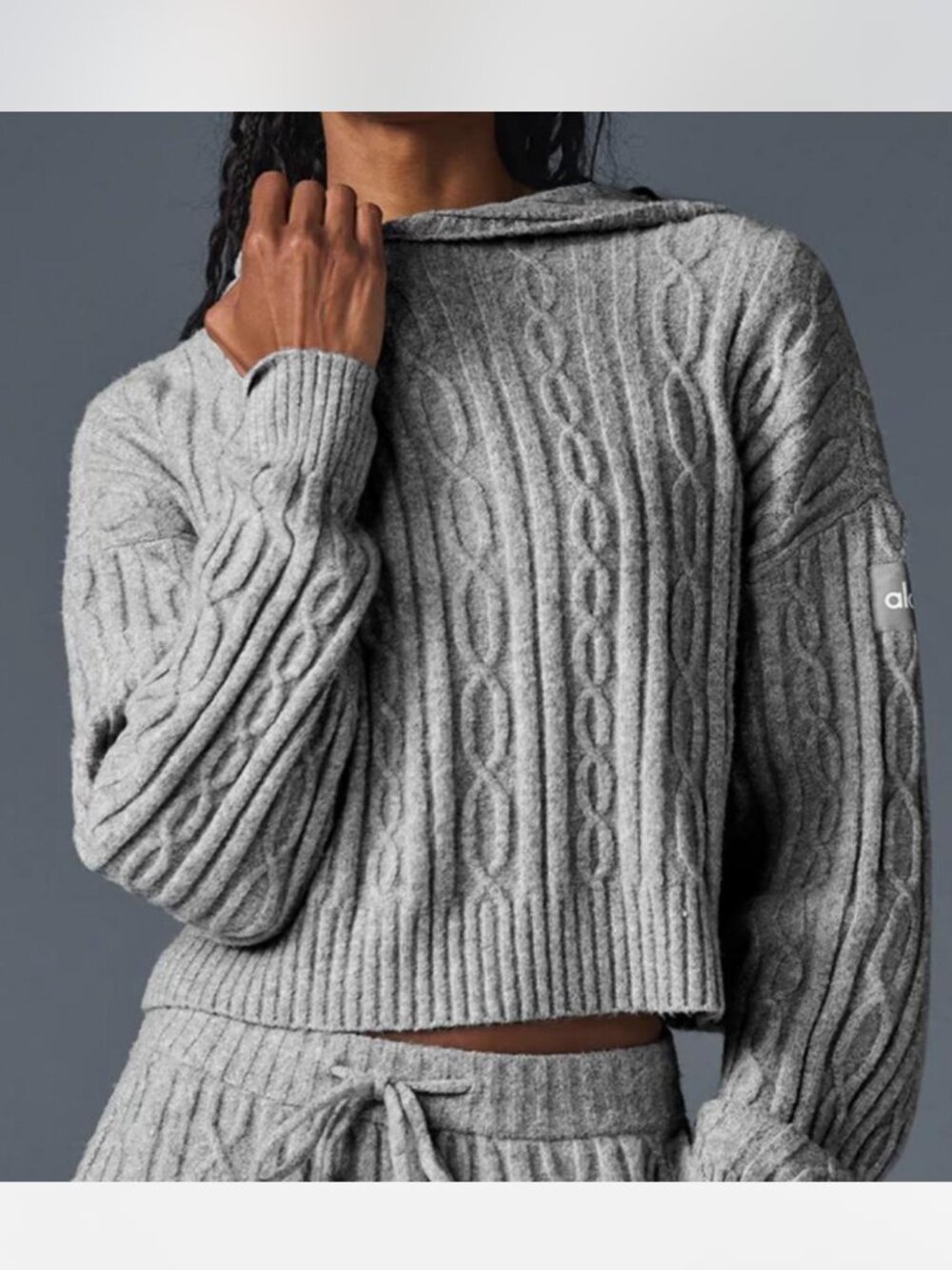 ALO Yoga Cable Knit Winter Bliss Hoodie Athletic Heather Grey Pullover Cozy Fall